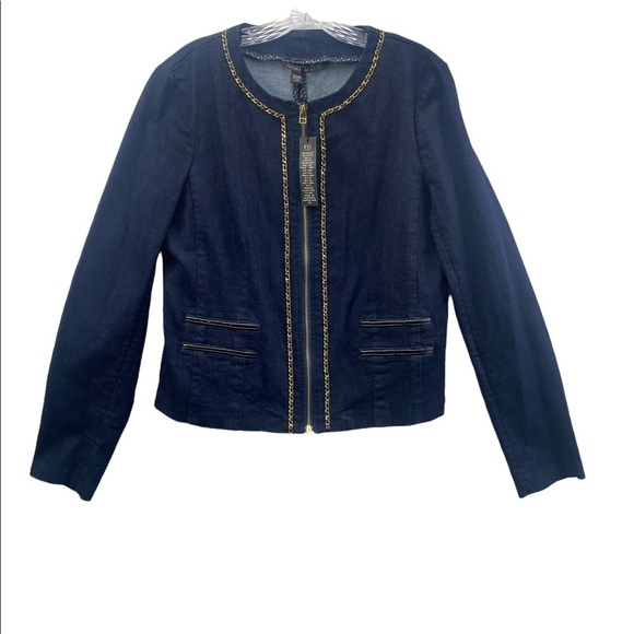 Victoria’s Secret SZ L Jean Cropped Jacket Gold Chain Blue Stretch Coat NWT Read - Picture 2 of 9